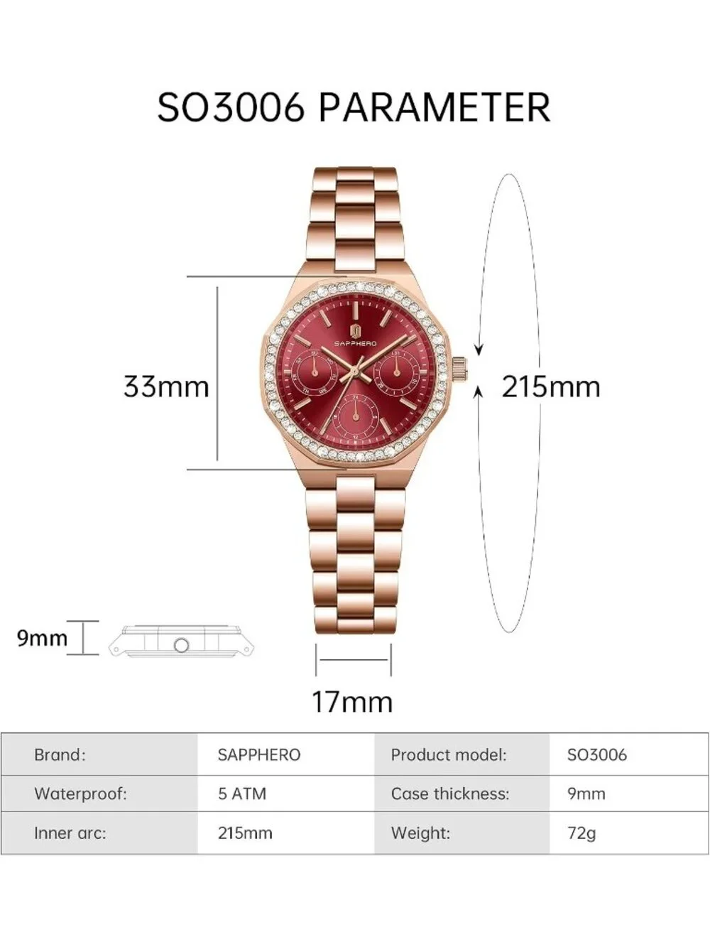Women's Rose Gold Strap/ Red Round Face Luxury Waterproof Elegant Wrist Watch